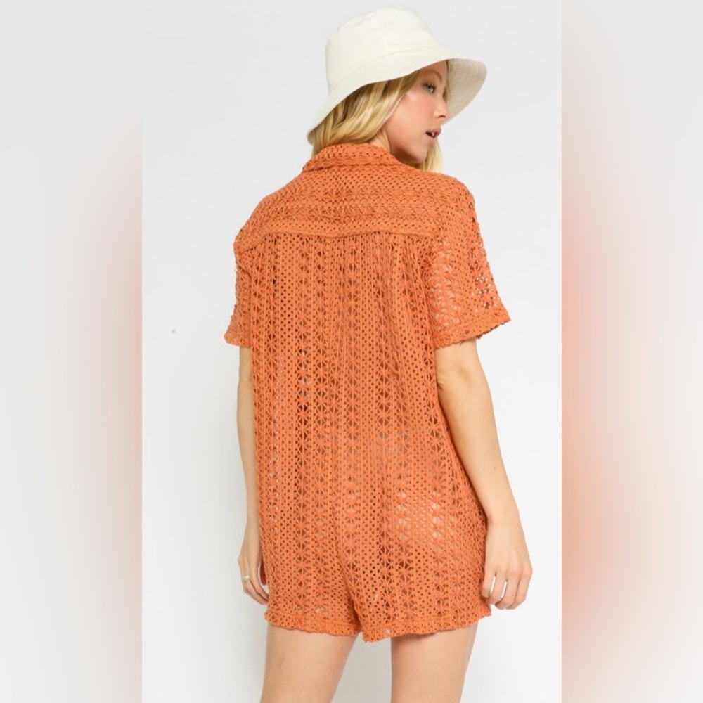 Olivaceous Sunshine Romper Orange Short Sleeve Crochet - Picture 2 of 7